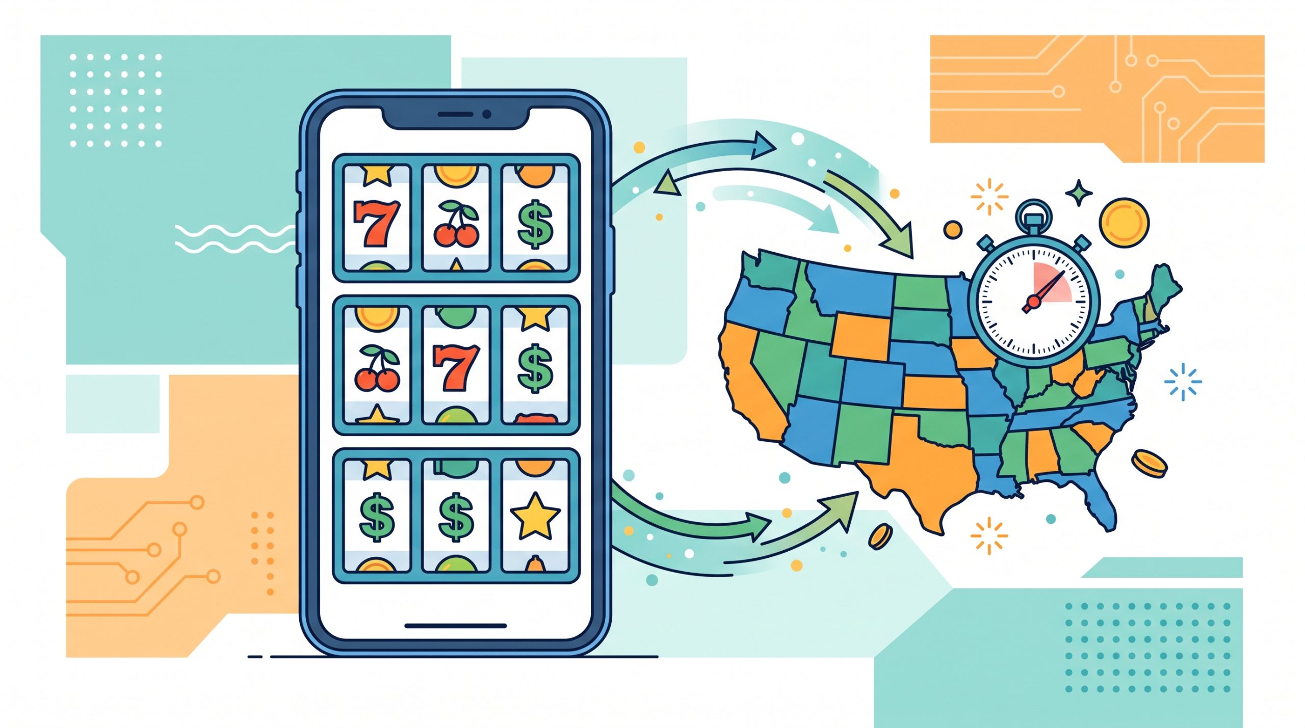 Illustration of a smartphone with slot reels, a US map outline, and a stopwatch representing fast sweepstakes casino payouts